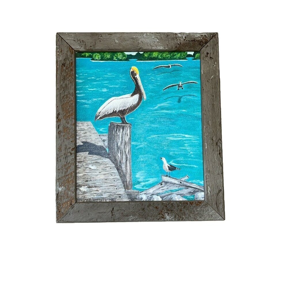 Original Art Work On Wood Painting Pelican On Dock By Frances Holdren 19…